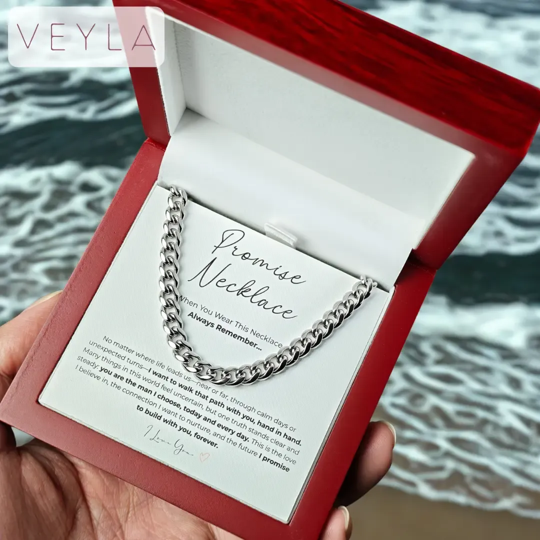 Promise Necklace for Boyfriend Waterproof Stainless Steel Cuban Chain Symbol of Love and Commitment LED Wooden Box Gift for Valentines Day and Birthday
