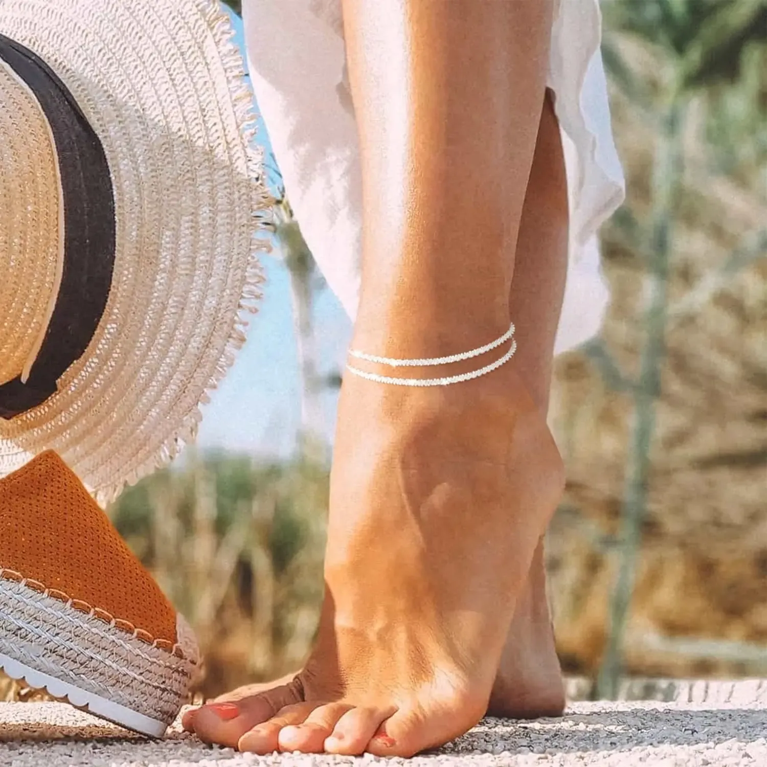 Dainty Layered Waterproof Anklet For Women Adjustable Womens Anklet Set Stackable Figaro Beaded Cuban Link Anklets Daily Clothing Decor For Beach Summer Trendy All-match & Exquisite Jewelry For Valentine's Day gifts