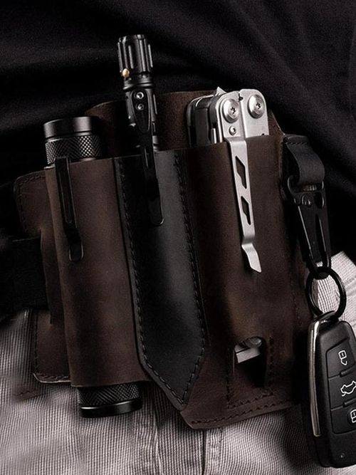 Men's Cowhide Solid Color Durable Belt Bag, EDC Tool Pouch, Multifunctional Storage Bag for Pen, Keychain, Flashlight, Tactical Pack