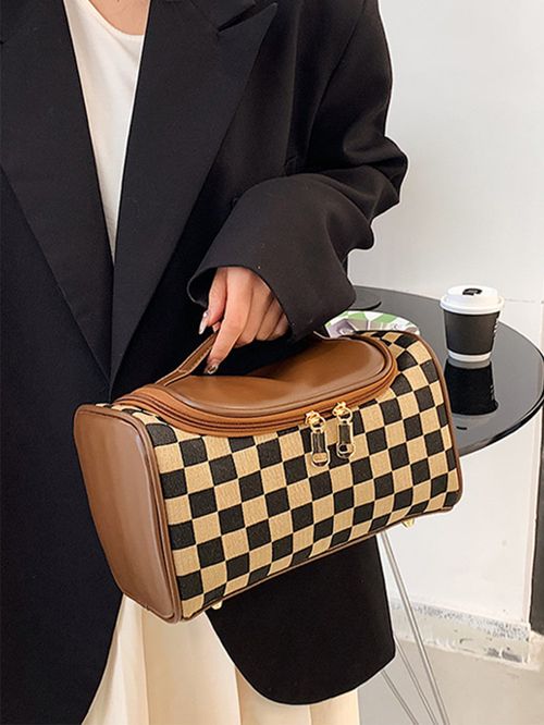 Fashion Colorblock Checked Pattern Makeup Bag, Casual Versatile Zipper Makeup Pu Leather Storage Bag, Makeup Organizer Pouch for Women & Girls