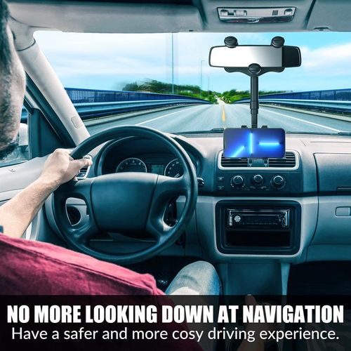 Rearview Mirror Phone Holder for Car, 360° Rotating Rear View Mount with Adjustable Arm Length, Multifunctional and GPS Universal Car All Smartphones