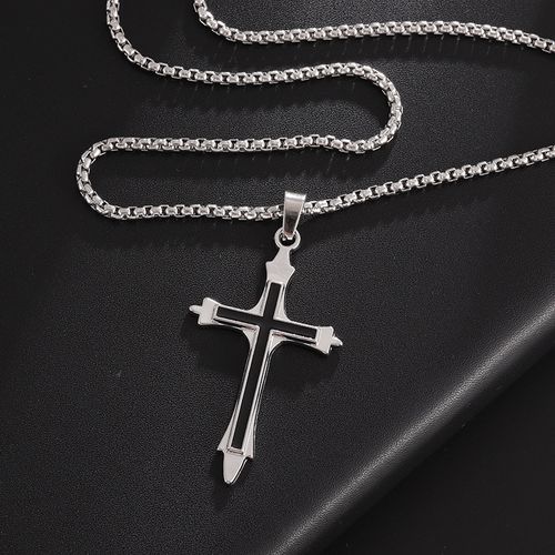 Men's street style all-stainless steel cross pendant necklace, 1 piece, casual and fashionable pendant necklace.