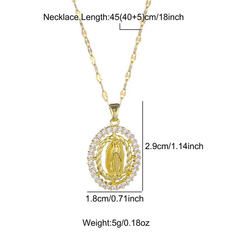 French Style Virgin Mary Pendant Necklace - Stainless Steel Waterproof Christian Jewelry, Jesus Christ Necklace with Zircon Colored Diamonds, Retro Religious Necklaces for Women