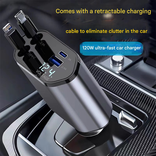 2025 New 120W 4 in 1 Car Charger Super Fast Charging Telescopic 1 to 4 Cigarette Lighter Adapter Compatible with Apple 16 15 and Huawei