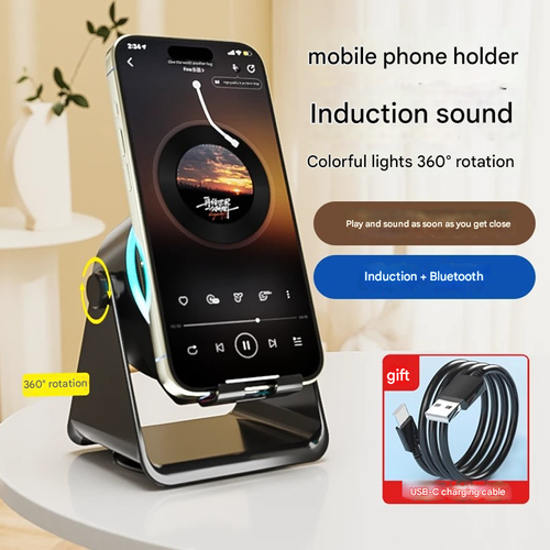 4 IN 1 Wireless Induction Audio Bluetooth Speaker, 360° Rotation Stand with LED, Universal Speaker Stands for Surround Sound&Charger,Portable Desktop Stand Gift for Home, Shower, Outdoors, Travel Smartphone