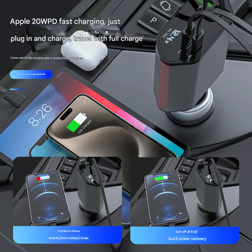 2025 New 120W 4 in 1 Car Charger Super Fast Charging Telescopic 1 to 4 Cigarette Lighter Adapter Compatible with Apple 16 15 and Huawei