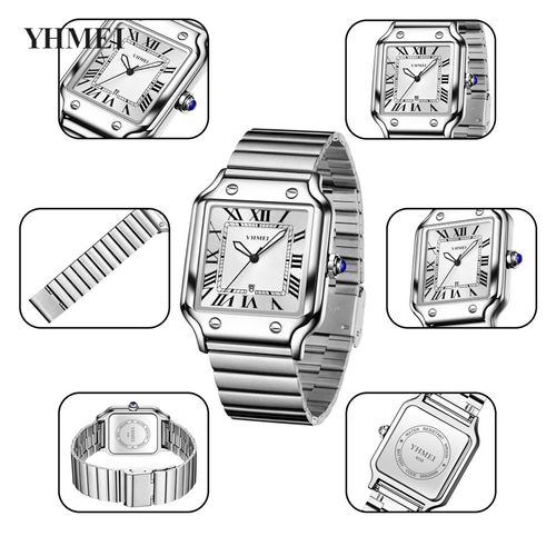 Unisex Classic Square Roman Numerals Silver Analog Water-Resistant Watch suitable for Women Men Stainless Steel Strap Date Display Casual Wristwatch