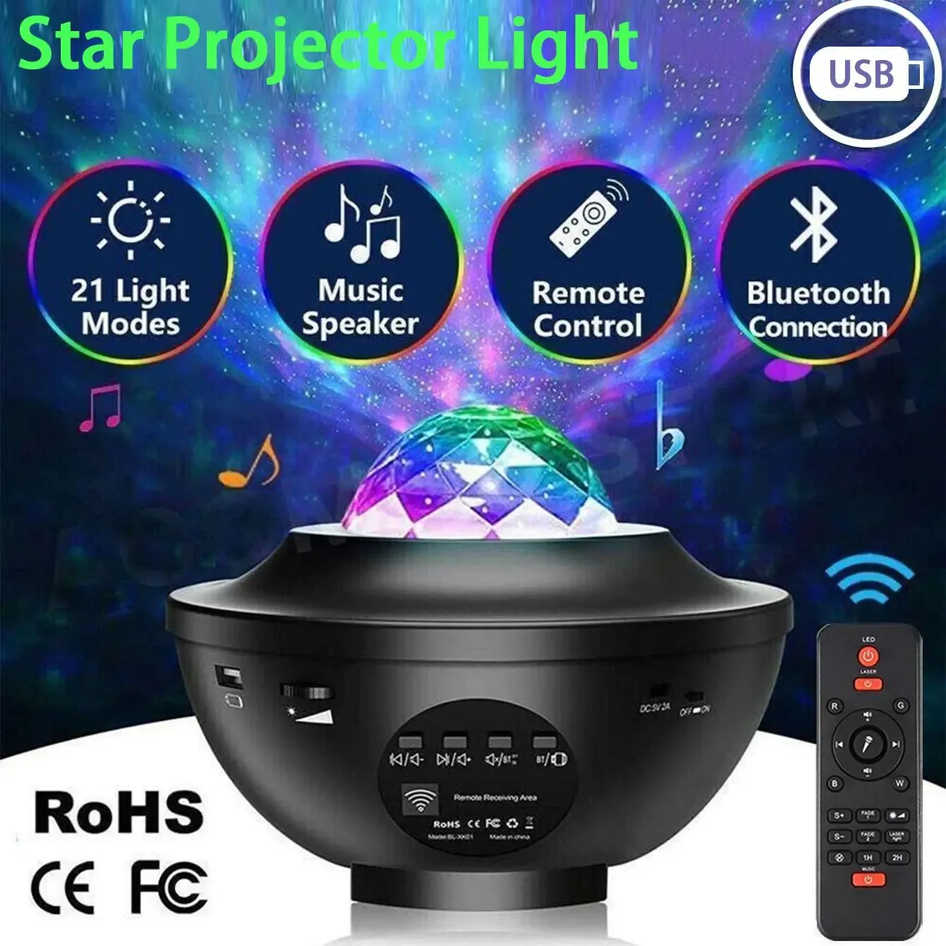 USB Powered Projector lamp, LED Water Wave Starry Sky Effect Night Light, Led Lights Music, Party Lighting Decoration with Remote Control