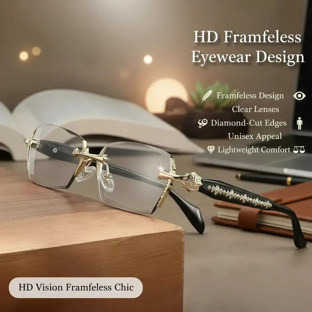 Frameless HD Vision Glasses with Clear Lenses Diamond-Cut Edges Fashion Metal Temple Decor for Computer Street Style Party Unisex Women Men Daily Spring Statements Lightweight