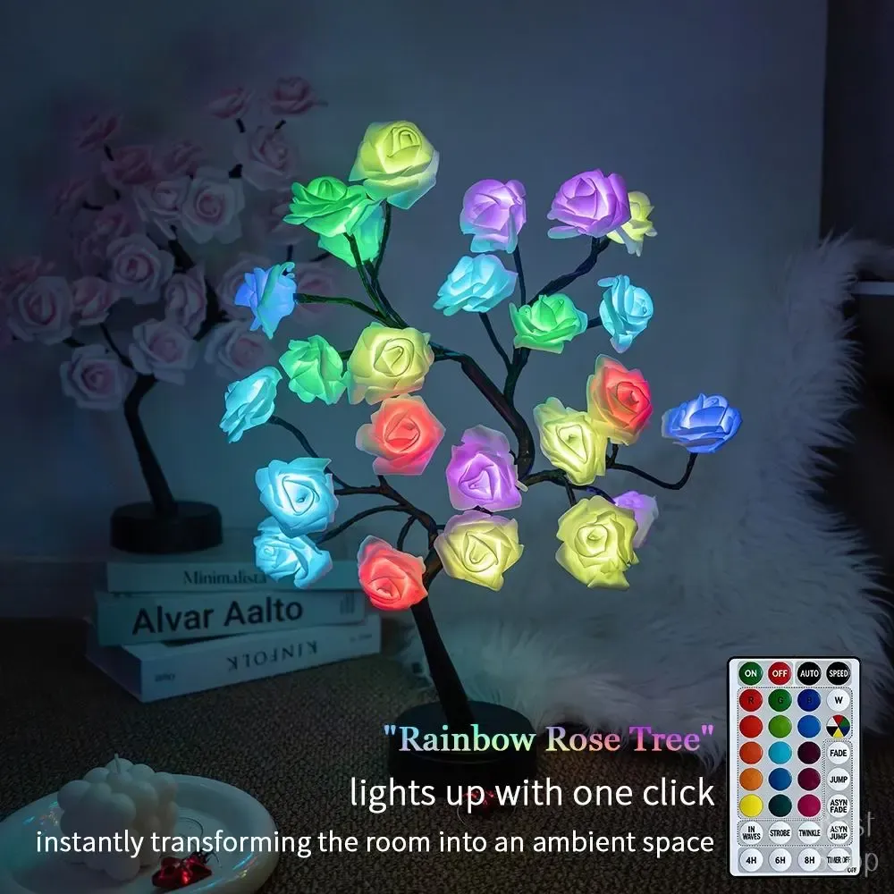 LED Rose Flower Tree Night Light USB Battery Powered Table Lamp for Bedroom Holiday Decoration Valentines Day Mothers Day Gift Home Decor