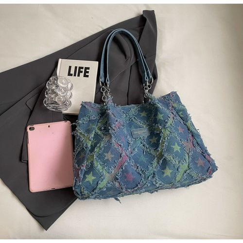 Women's Fashionable Star Pattern Raw Trim Tote Bag, Large Capacity Shoulder Bag, Elegant Commuter Rhombus Bag, High-capacity Denim High-sense Bag, Fashionable Patterned Bag, Suitable for Dating, Classes, Shopping
