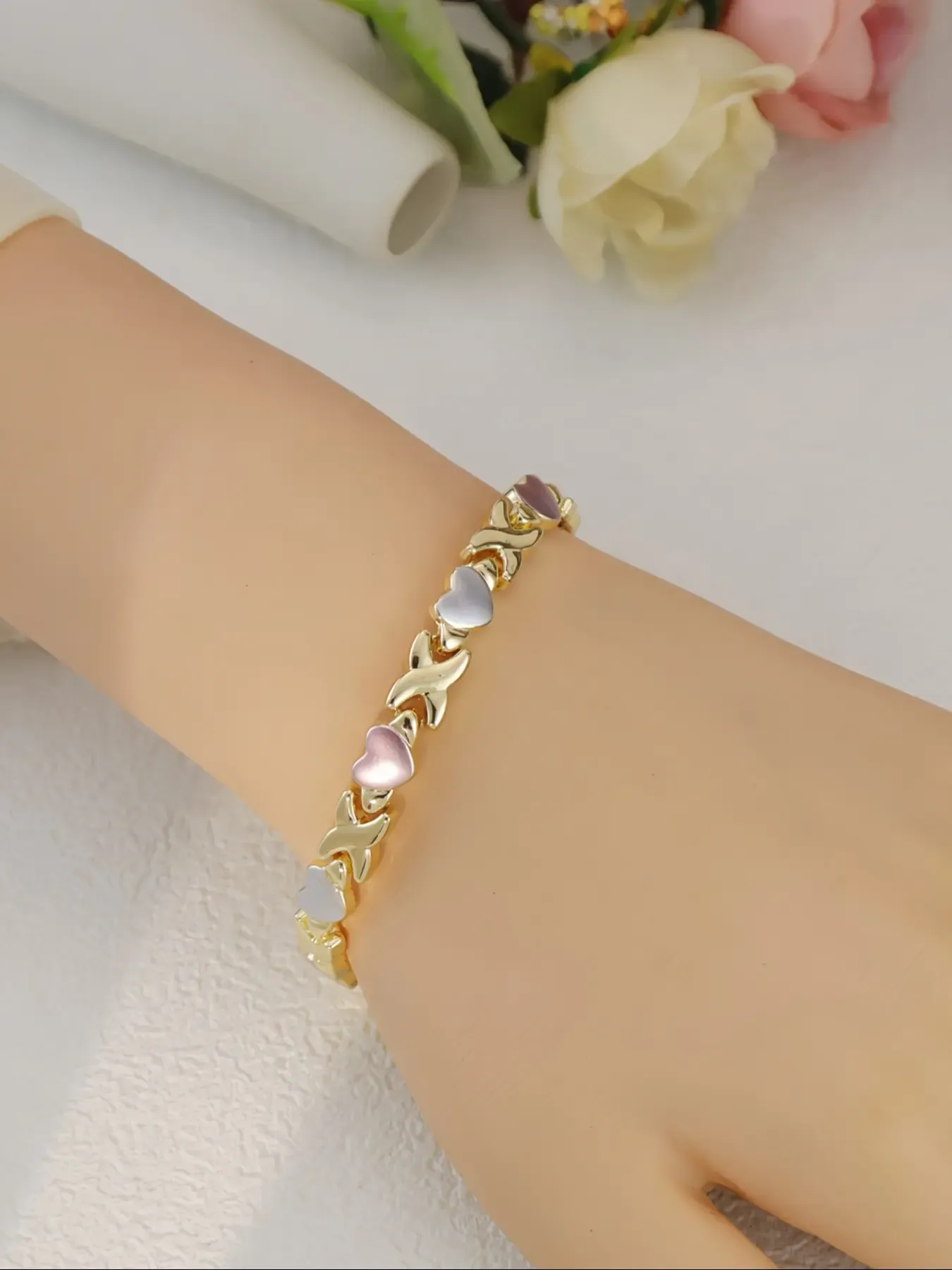 Royal-Inspired Color XO Heart Necklace & Bracelet & Earrings Set, Matching Jewelry Set, Casual Style Metal Chain Design Jewelry for All Seasons, Complete Accessories Set