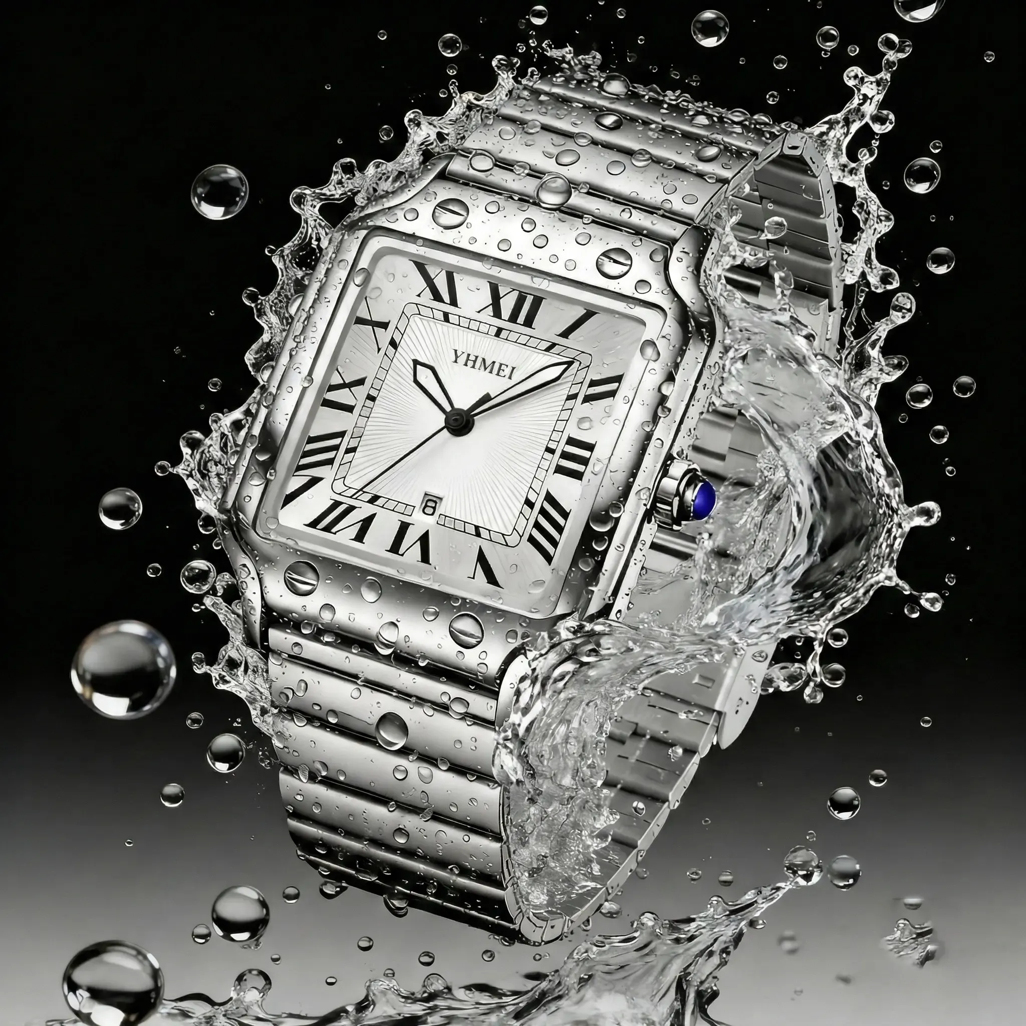 Unisex Classic Square Roman Numerals Silver Analog Water-Resistant Watch suitable for Women Men Stainless Steel Strap Date Display Casual Wristwatch