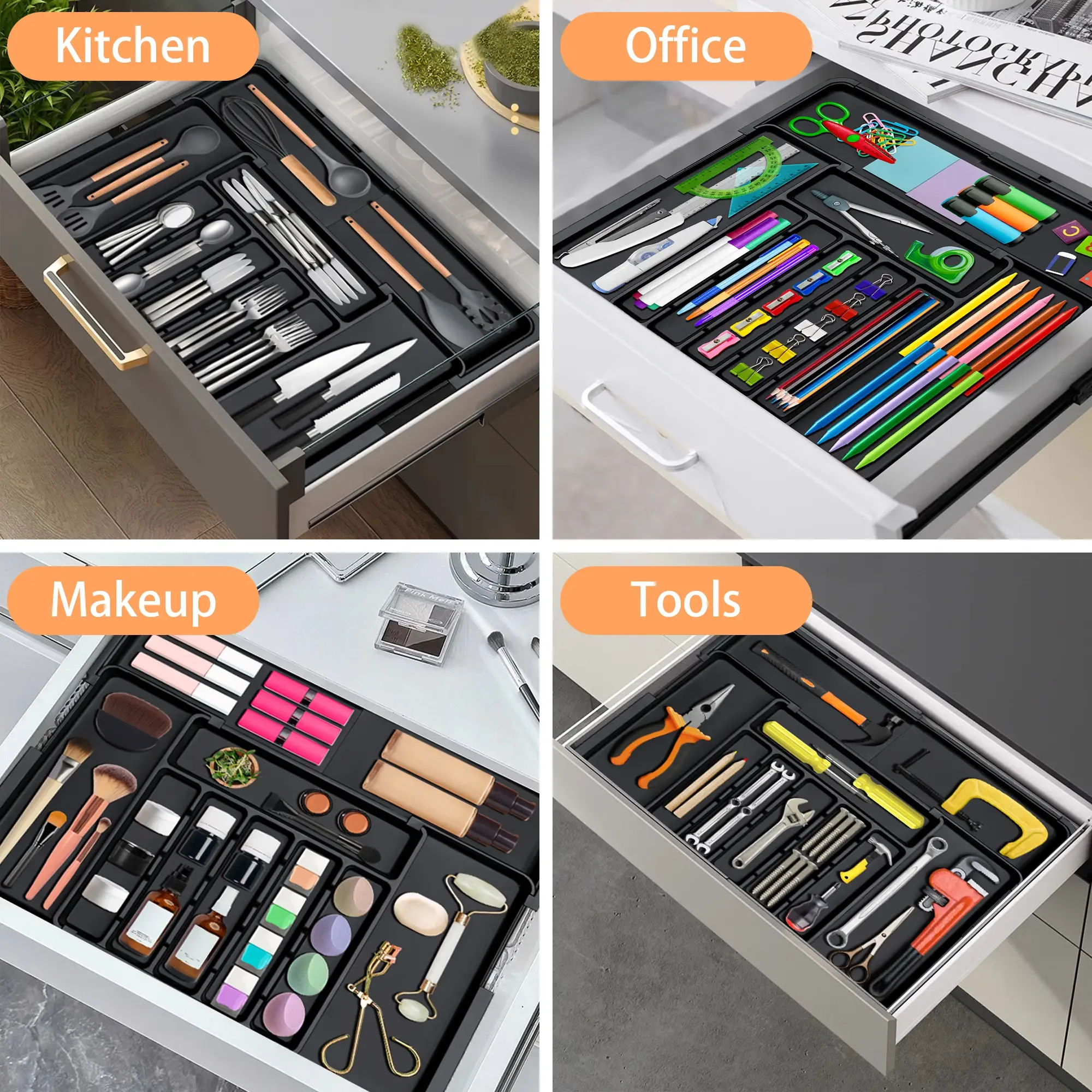 Silverware Organizer Expandable Kitchen Utensil Drawer Organizer with 9 Compartment Large Cutlery Organizer Tray for Forks Knives 13 to 22 W 14.5 to 19 L