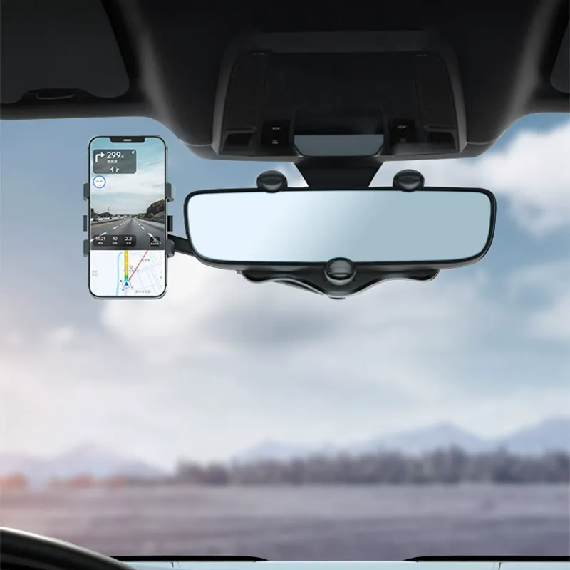 Rearview Mirror Phone Holder for Car, 360° Rotating Rear View Mount with Adjustable Arm Length, Multifunctional and GPS Universal Car All Smartphones