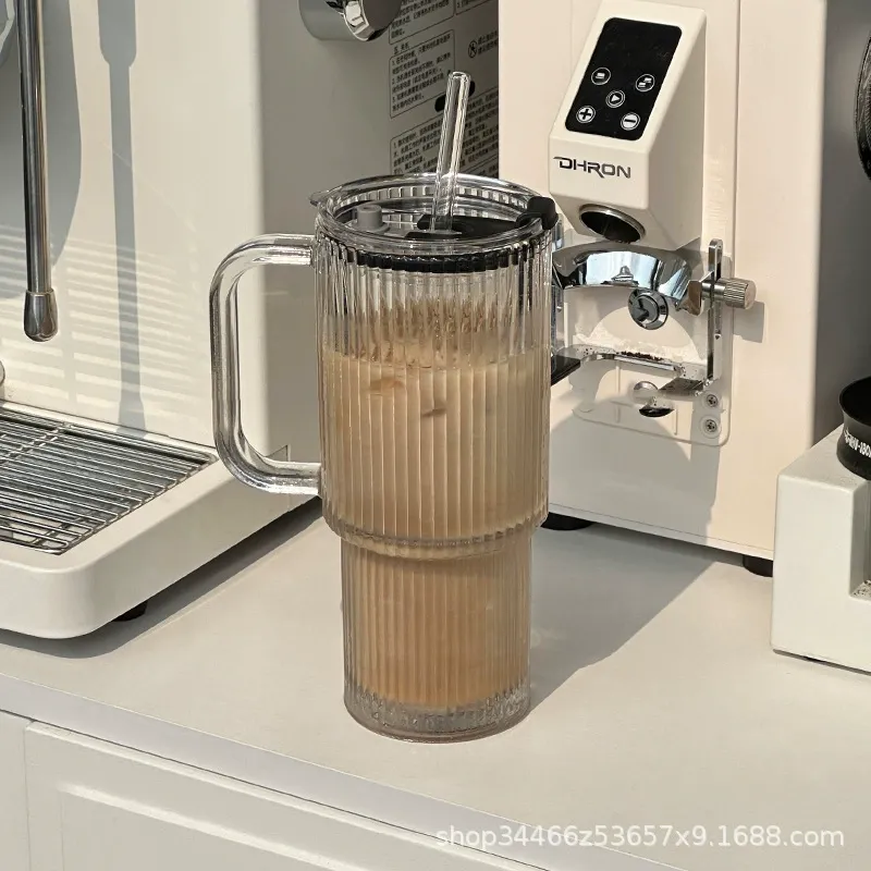 2025 Premium Giant Handle Straw Glass Tumbler  1.5L Large Capacity  Chic Aesthetic for Office Coffee & Daily Use