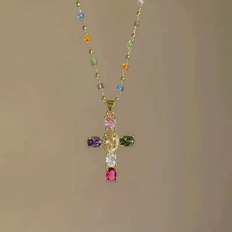 Rainbow Cross Pendant Necklace for Women Gothic Catholic Christian Costume Accessories Jewelry
