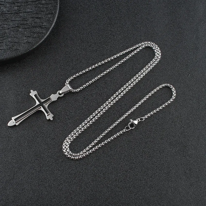 Men's street style all-stainless steel cross pendant necklace, 1 piece, casual and fashionable pendant necklace.