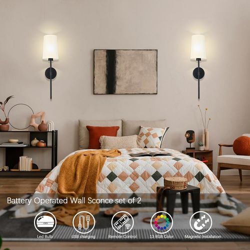 Battery Operated Wall Sconce Set of 1 with Remote Control,White Fabric Shade Wall Lights with Dimmable 15 RGB Rechargeable LED Light Bulb for Bedroom Living Room Hallway