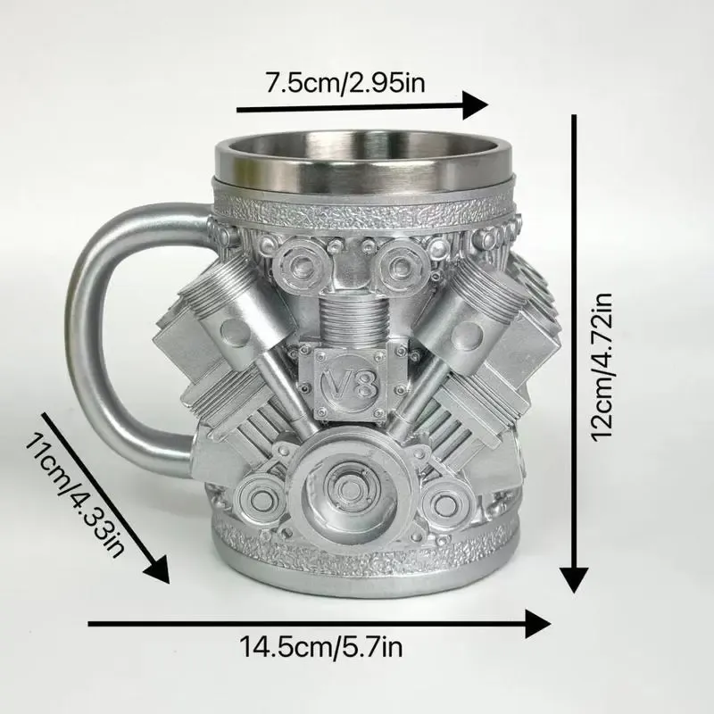 Personalized Stainless Steel Mug - V8 Engine Design, 10oz Handcrafted Durable & Stylish, Perfect for Car Enthusiasts,Coffee Cup,Birthday Present,Holiday Gift Reusable