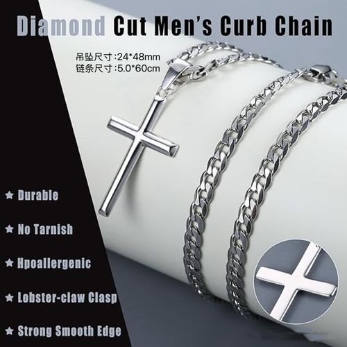 Cross Necklace for Men Women, 5mm 316L Stainless Steel Diamond-Cut Durable Figaro Link Chain or Cuban Link Curb Chain for Men, Mens Silver Crucifix Cross Pendant Necklaces Jewelry 23 Inches