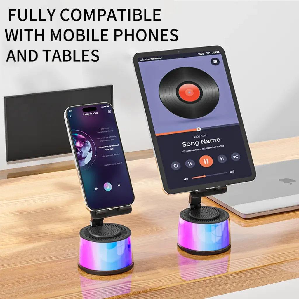 Wireless Induction Audio Bluetooth Speaker 5in1 Cellphone Holder USB Emergency Rechargeable (5000mAh) Portable Power Mobile Tablet Stand with Colorful Ambient Light Gifts for Friend, Family