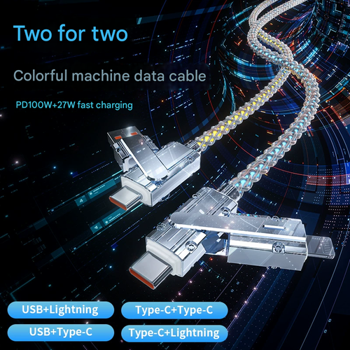 4-in-1 RGB Gradient Charging Cable | Zinc Alloy | Super Fast Charge | Dual-Port LED Light | Multi-Device Compatibility
