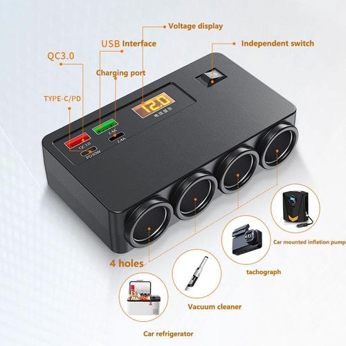 8 in 1 Cigarette Lighter Splitter, 120W Cigarette Lighter Adapter with PD QC 3.0, 12V 24V Independent Switches DC Cigarette Outlet Car Charger for All Car Devices