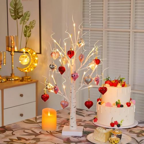 Valentine's Day Decorations Heart-Shaped Birch Lamp DIY Design Table Lighting Heart-Shaped Pendant Light Perfect for Bedside Lamps in Bedrooms Romantic Living Room Atmosphere Decor Ideal for Birthday, Engagement, and Wedding Decorations