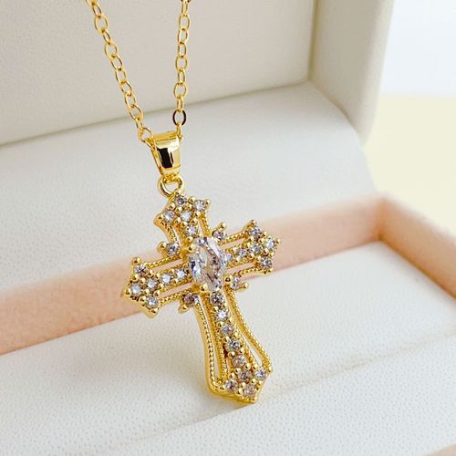 Rhinestone Cross Pendant Necklace For Women For Gift, Clavicle Chain Necklace, Fashion All-match Accessory, Cross Necklaces