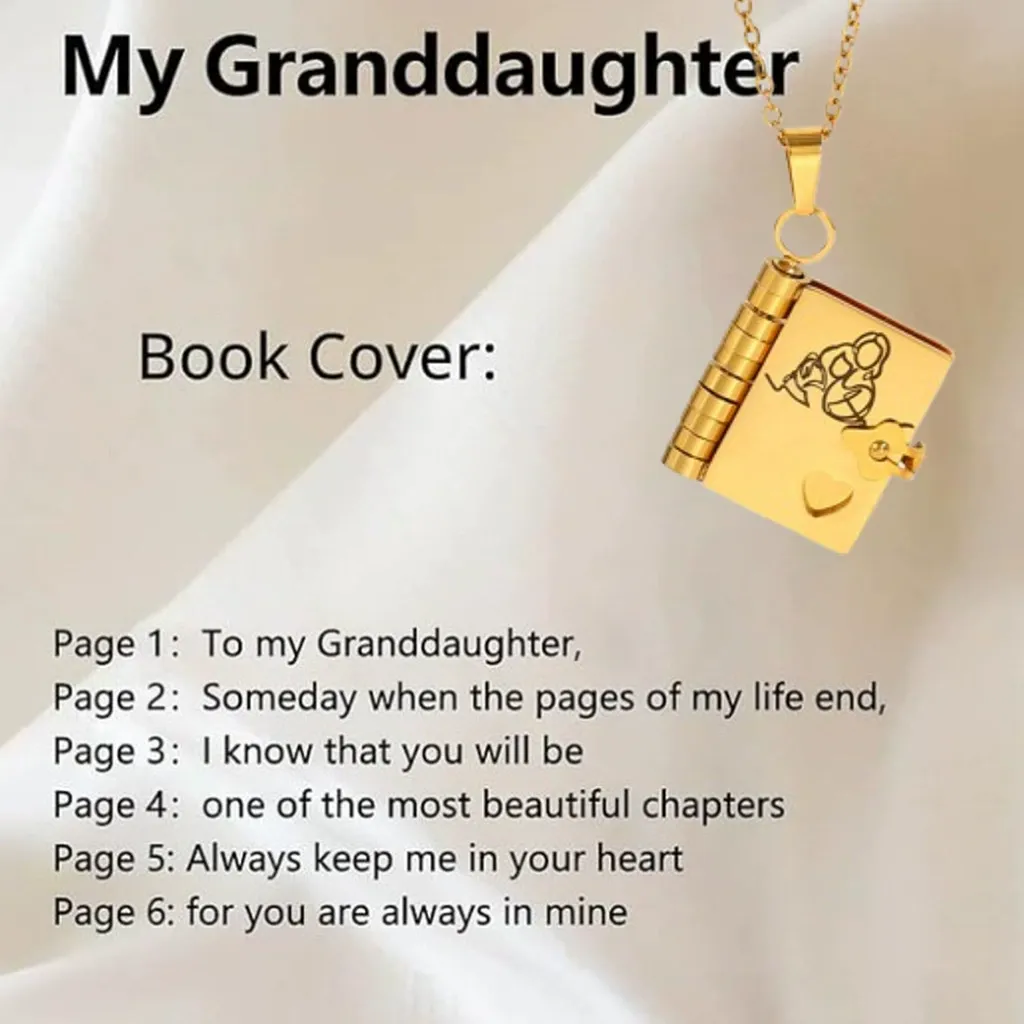 Book Necklace for Granddaughter Titanium Steel Collarbone Necklace - Book Locket with Love Letter Envelope Design, Scratch-Resistant Heart Necklace, Ideal for Daily Wear & Gift