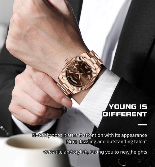 Luxury dress watch for men, 40mm rose gold dial, stainless steel bracelet, rotating quartz analog movement, water-resistant, luminous large dial, a sophisticated business watch, no watch box included.