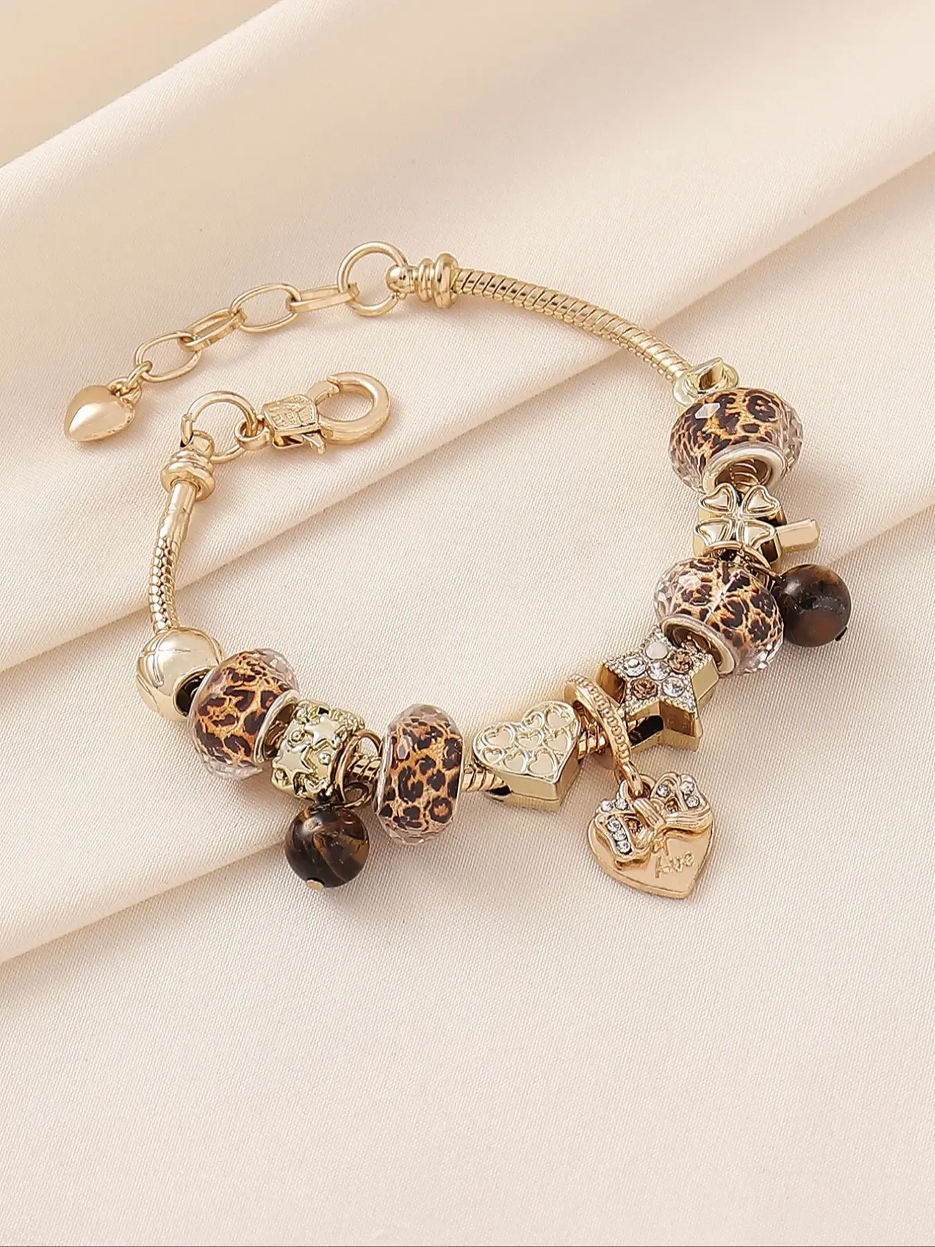 Women's Leopard Print Beaded Bracelet with Bow, Heart, Clover and Tiger Eye Stone, Trendy Fashion Jewelry, Heart Shaped Bracelet, Heart Charm Bracelet, Perfect for Parties, Nights Out and Daily Wear