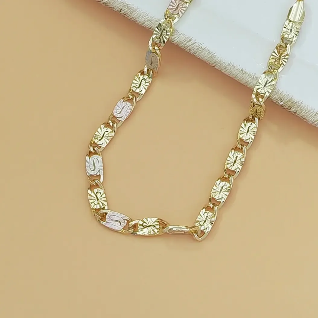 1pc 14K Gold Tri-Color Mariner Link Bracelet for Women – Polished Floral Engraved Three Tone Gold Chain Bracelet, Dainty Jewelry Gift for Her