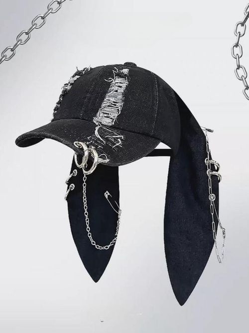 Unisex Wasteland Style Bunny Ear Baseball Cap, Punk Denim Trucker Hat with Chain, Streetwear Hip Hop Costume for Halloween Party