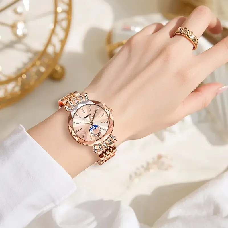 Luxurious Ladies' Jewelry Watch — Diamond-Cut Crystal, Stainless Steel Case, Water-Resistant Design, Sun, Moon, and Stars Motif. An Elegant Timepiece—The Perfect Gift for Her (Watch Box Not Included).