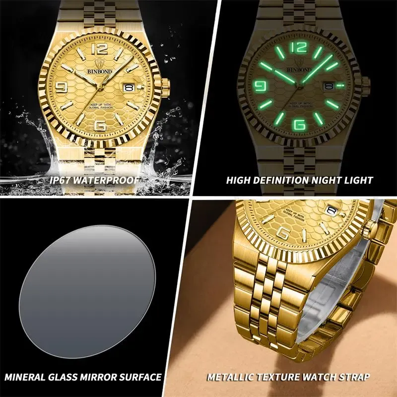 Men's Business-Style Quartz Watch — Diamond Accents, 3D Linear Mesh Texture, Luminous Display, Date Function, Water-Resistant Design (Watch Box Not Included)