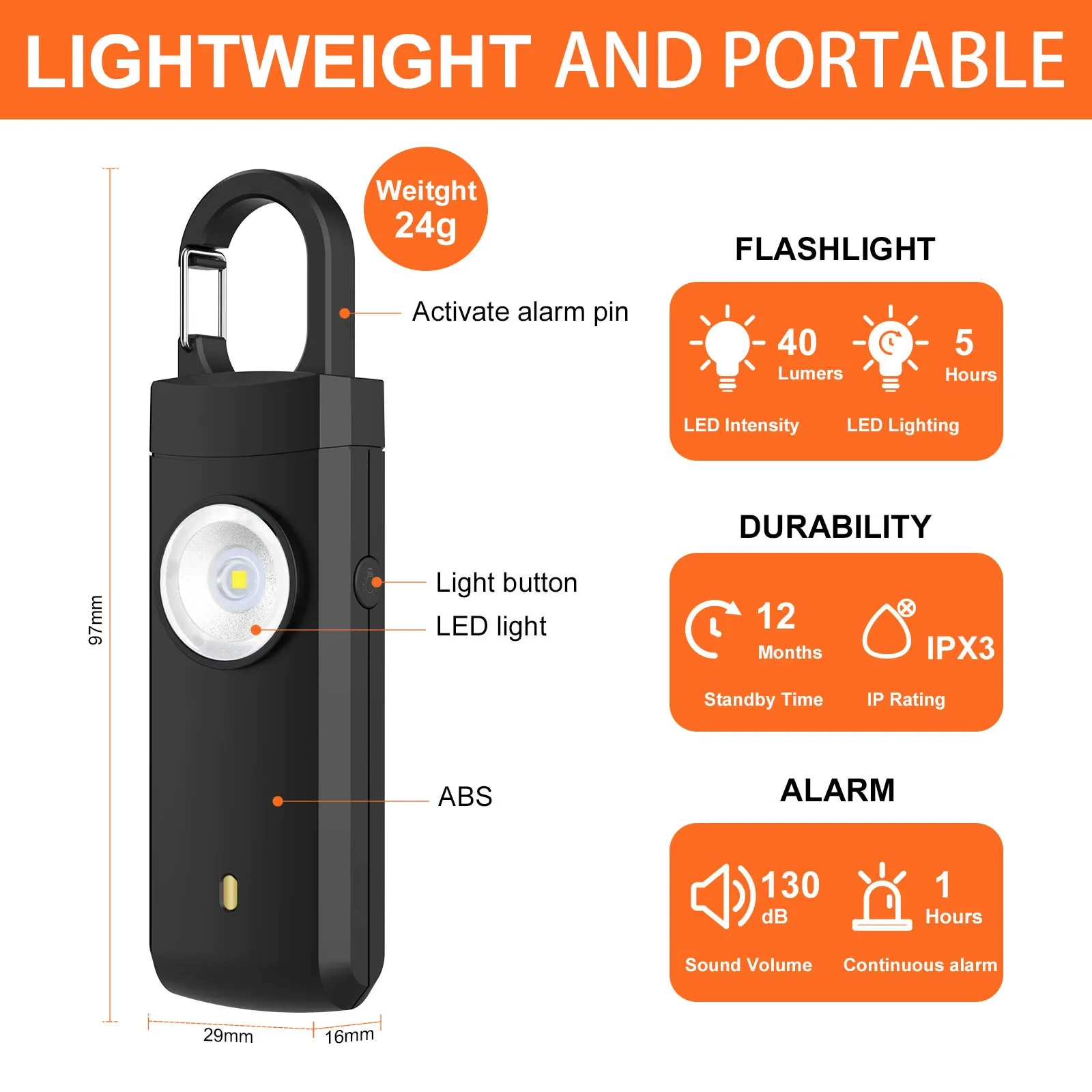A bodyguard that can be hung on a bag! 130dB to scare away bad guys, LED light for night lighting, multiple colors Portable Durability