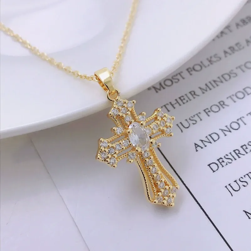 Rhinestone Cross Pendant Necklace For Women For Gift, Clavicle Chain Necklace, Fashion All-match Accessory, Cross Necklaces