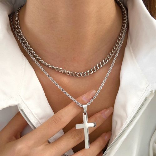 Cross Necklace for Men, Layered Mens Cross Necklaces Stainless Steel Cross Pendant Cuban Link Rope Chain