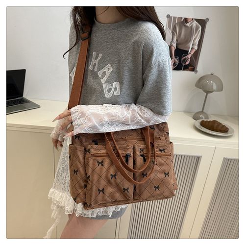 Women's Chocolately Fall&Winter Bow Pattern Tote Bag, Fashionable Multi-pocket Shoulder Bag for Daily Used, Casual Trendy Versatile High-quality Daily Commuting Bag