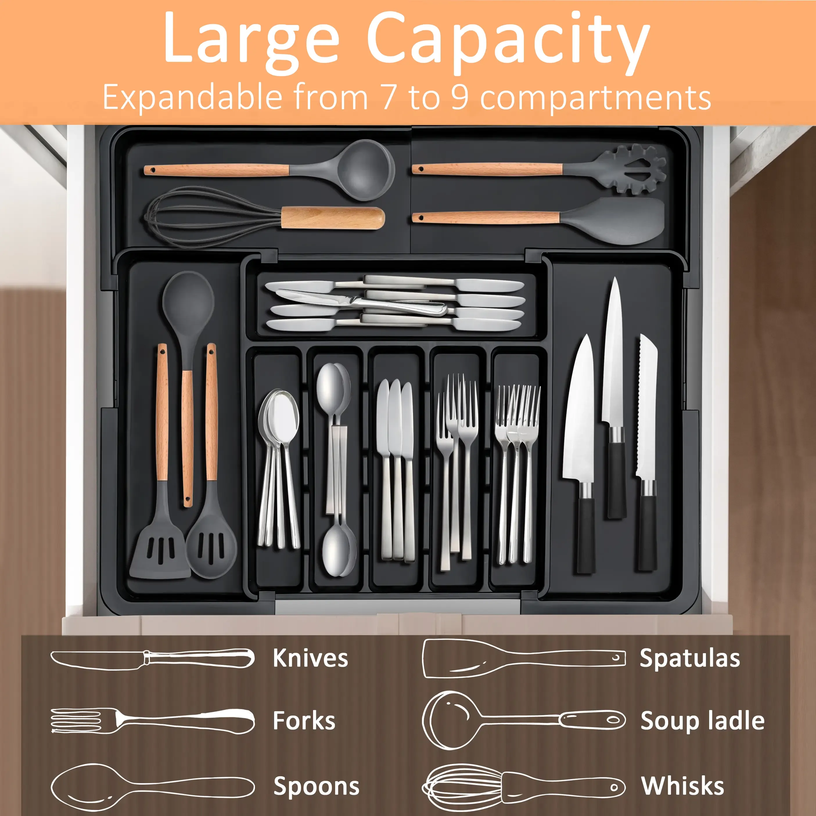 Silverware Organizer Expandable Kitchen Utensil Drawer Organizer with 9 Compartment Large Cutlery Organizer Tray for Forks Knives 13 to 22 W 14.5 to 19 L