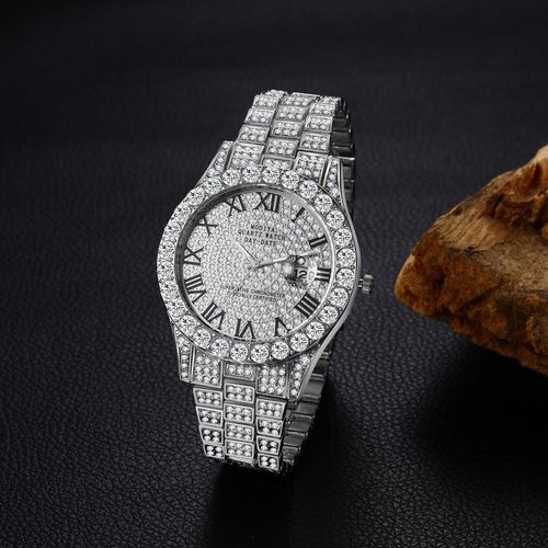Men's Rhinestone Diamond Watch: Luxury Roman Numeral Quartz Analog Watches for Men Waterproof Date Wrist Watch Business Casual Dress Watch Iced Out Watch