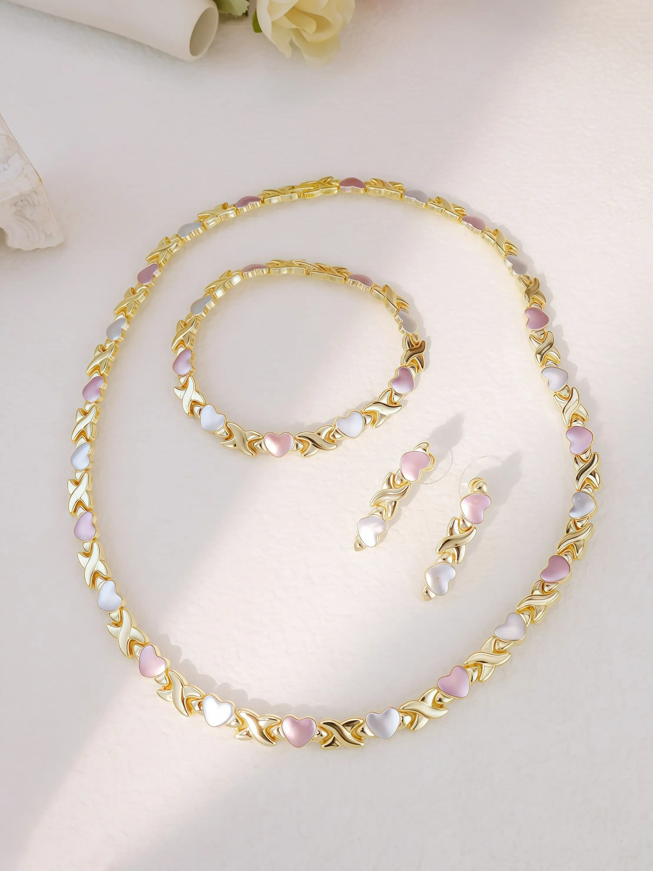 Royal-Inspired Color XO Heart Necklace & Bracelet & Earrings Set, Matching Jewelry Set, Casual Style Metal Chain Design Jewelry for All Seasons, Complete Accessories Set