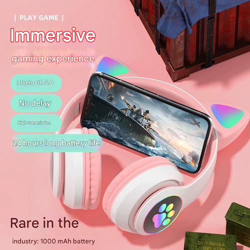LED Flashing Cat Ear Wireless Bluetooth Headphones - Over-Ear Deep Bass Sports Headset with SD Card Slot & RGB Lights for Gaming or Workout