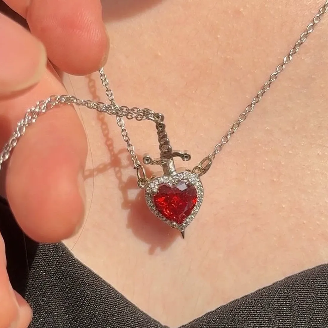 Heart Arrow Necklace - Couples Matching Hypoallergenic Red Zircon Love Sword Pendant Titanium Steel Choker  Dainty Chic Gift for Her & Him