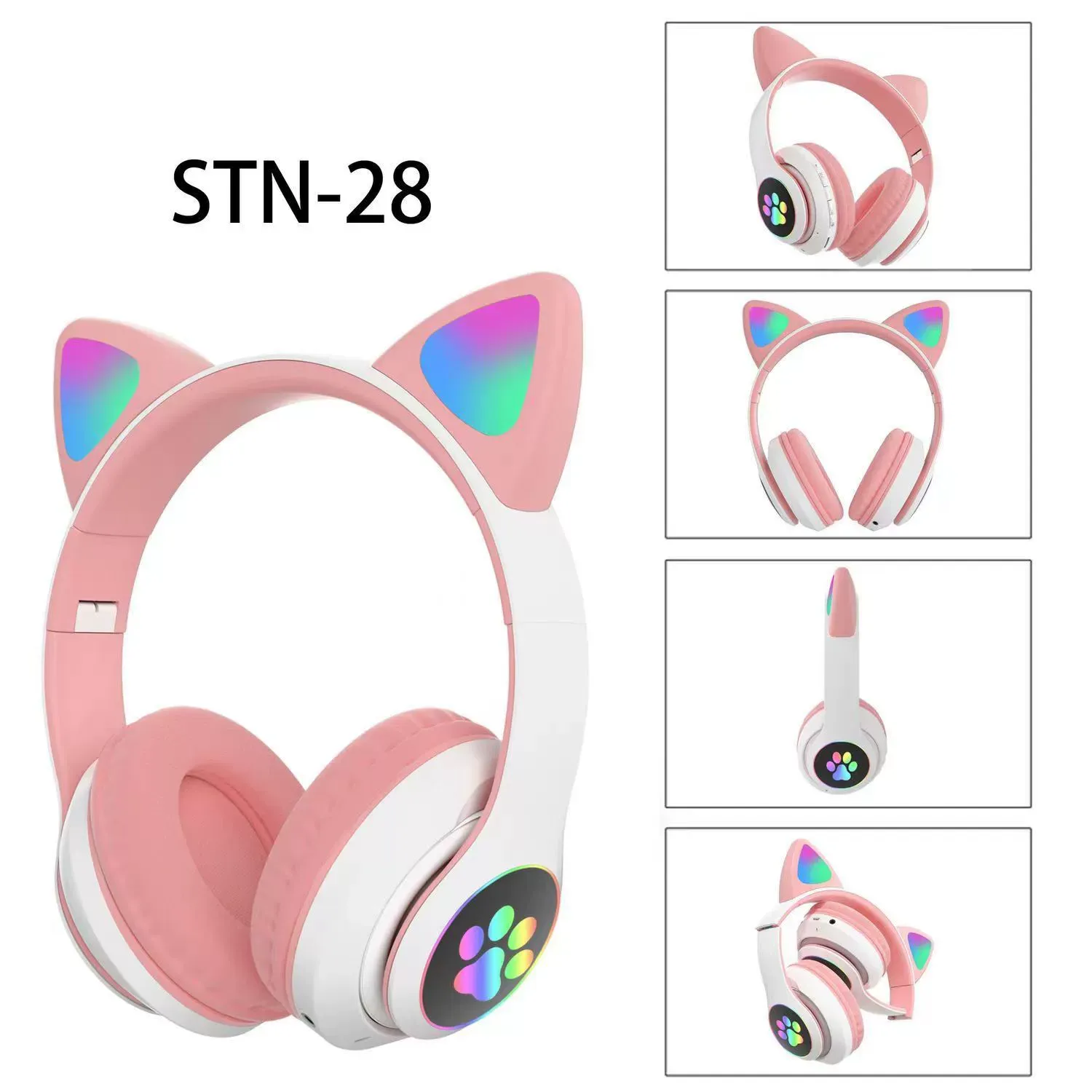 LED Flashing Cat Ear Wireless Bluetooth Headphones - Over-Ear Deep Bass Sports Headset with SD Card Slot & RGB Lights for Gaming or Workout