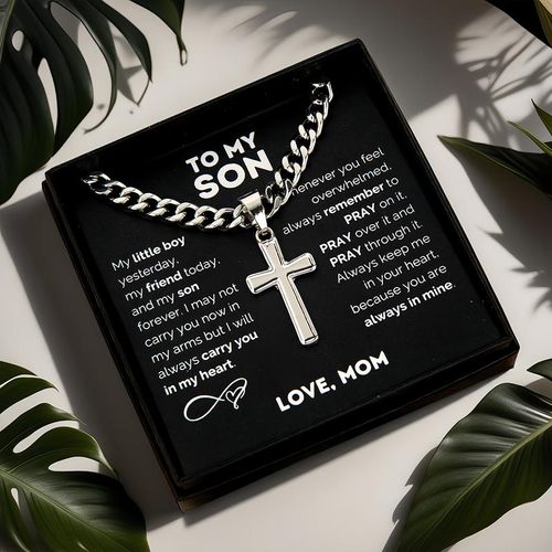 1pc to My Son Stainless Steel Cross Pendant Necklace, Birthday Gift, Valentine's Day Gift, Christmas Gift, with Card and Gift Box Packaging, the Perfect Gift for Loved Ones
