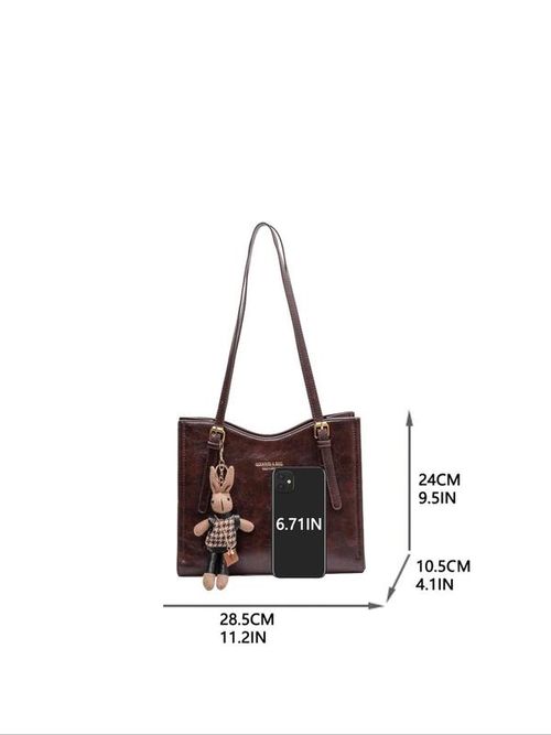 Women's Zipper Purse Tote Bag, Fashionable Solid Color Large Capacity Shoulder Bag with Rabbit Charm, Casual Solid Color Shoulderbag, Female Trendy Commuter Bag for Work, Everyday Bags, Convertible Shoulder Bags