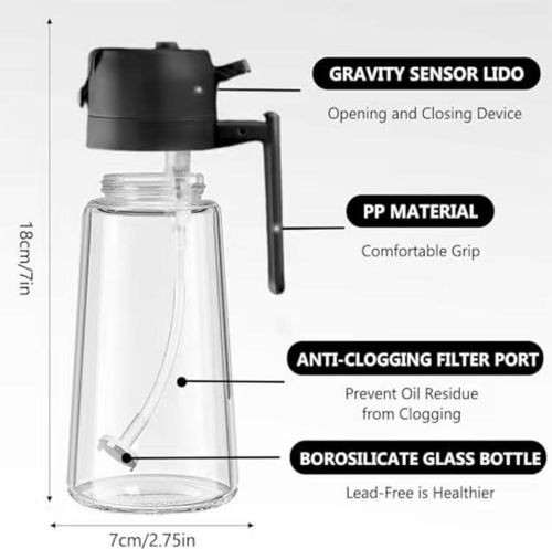2-in-1 Olive Oil Dispenser and Sprayer for Kitchen, 16oz Premium Glass Oil Bottle for Cooking, Air Fryer, Salad, Grilling, Barbecue Utensils, Food-Grade Oil Sprayer for Precise Control, Healthy Meal Prep, Multi-Color Oil Bottle for Home Use